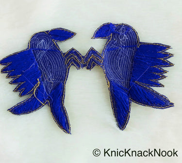 Embroidered Birds Pair Applique With Beige / Red / Blue And Antique Gold Embroidery, Gold And Pearl Beads